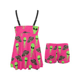 Alien Pattern Print Design 03 Chest Sexy Pleated Two Piece Swim Dress