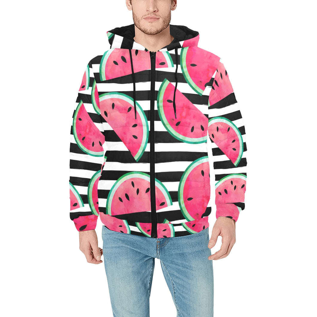 Watercolor paint textured watermelon pieces Men's Padded Hooded Jacket