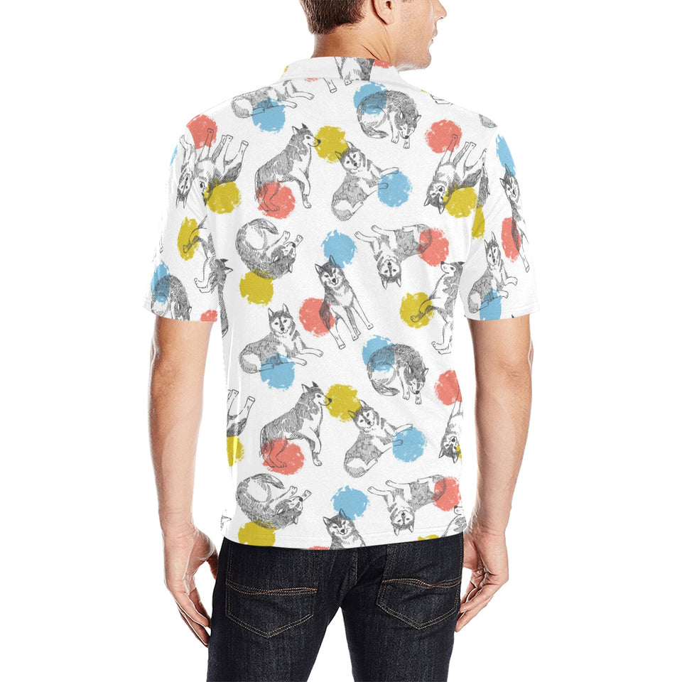Siberian husky and colorful circle pattern Men's All Over Print Polo Shirt