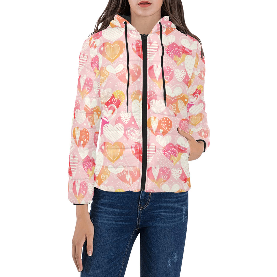 Hand drawn heart design pattern Women's Padded Hooded Jacket