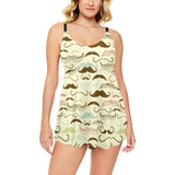Mustache Beard Pattern Print Design 01 Chest Sexy Pleated Two Piece Swim Dress