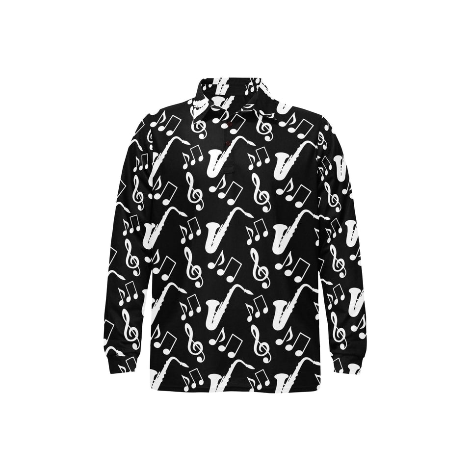 Saxophone music notes treble clef black white them Men's Long Sleeve Polo Shirt
