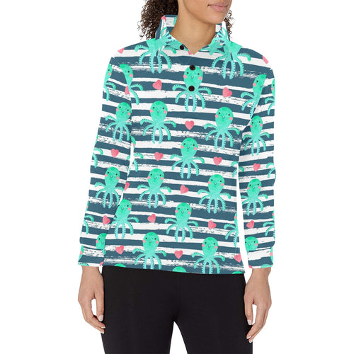 Cute octopuses heart striped background Women's Long Sleeve Polo Shirt