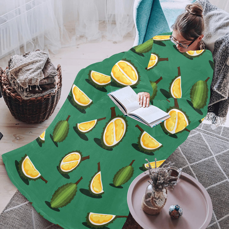 Durian pattern green background Blanket Robe with Sleeves