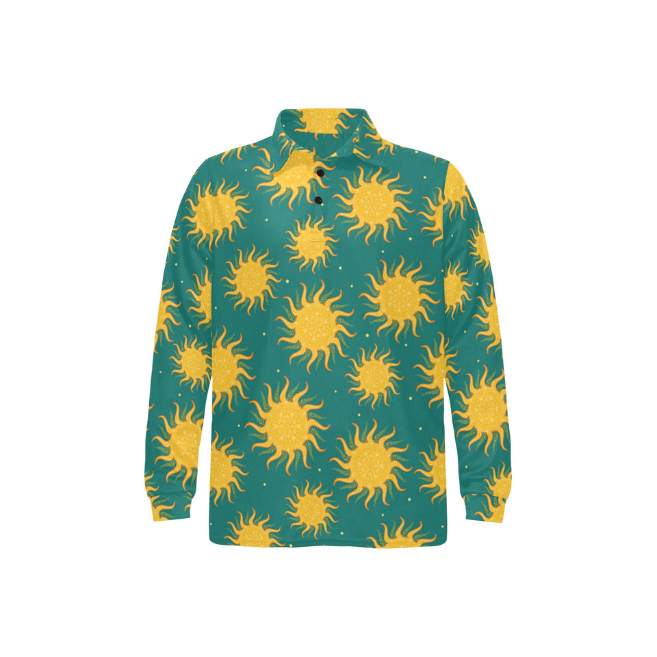 Sun green background Men's Long Sleeve Polo Shirt