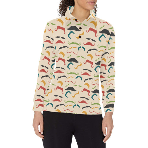 Mustache Beard Pattern Print Design 03 Women's Long Sleeve Polo Shirt