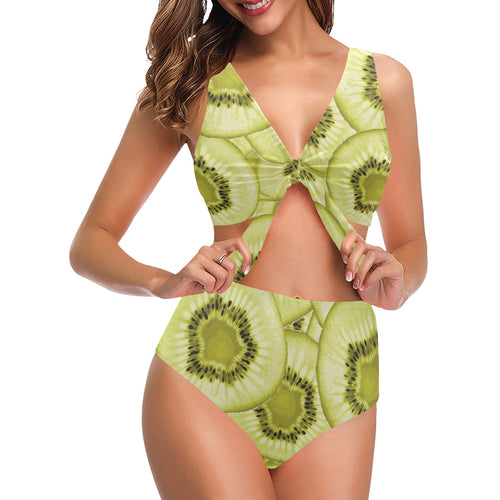 Sliced kiwi pattern Chest Bowknot High Waisted Bikini Swimsuit