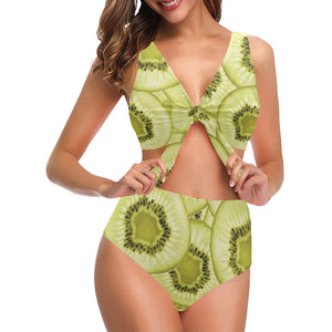Sliced kiwi pattern Chest Bowknot High Waisted Bikini Swimsuit