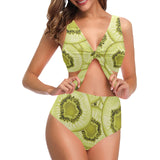 Sliced kiwi pattern Chest Bowknot High Waisted Bikini Swimsuit