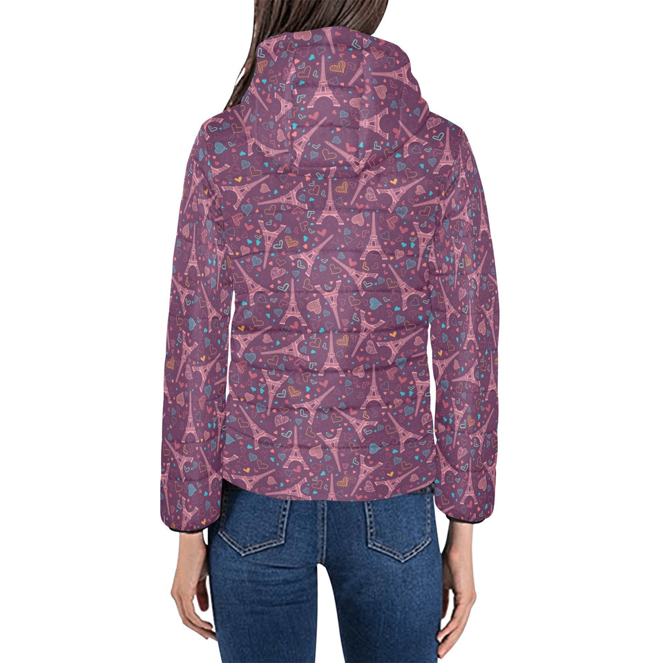 Eiffel Tower Heart Pattern Print Design 04 Women's Padded Hooded Jacket