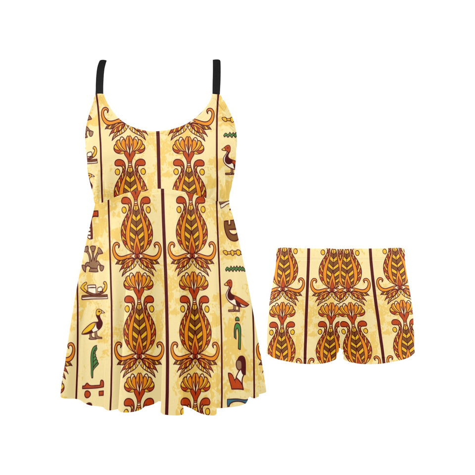 Egypt Hieroglyphics Pattern Print Design 04 Chest Sexy Pleated Two Piece Swim Dress