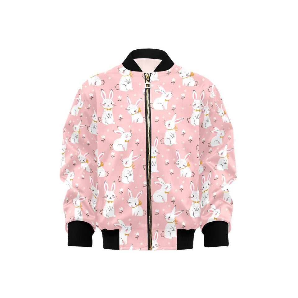 Cute white rabbit flower pink background Kids' Boys' Girls' Bomber Jacket