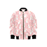 Cute white rabbit flower pink background Kids' Boys' Girls' Bomber Jacket