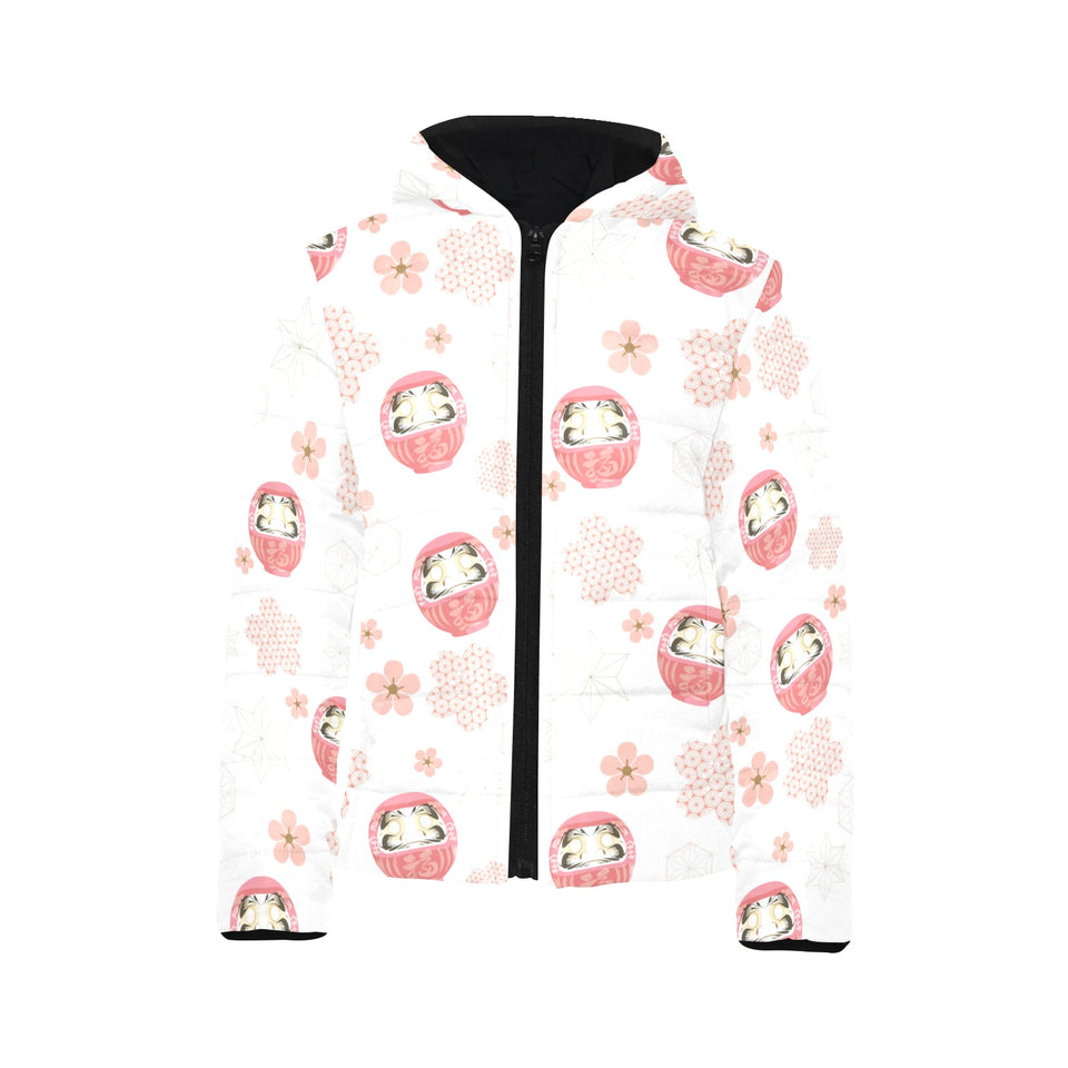 Daruma japanese wooden doll cherry blossom flower Kids' Boys' Girls' Padded Hooded Jacket