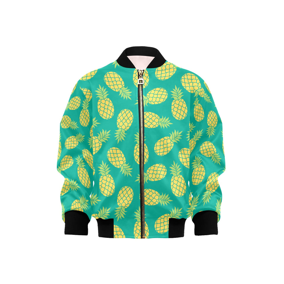 Pineapples pattern green background Kids' Boys' Girls' Bomber Jacket
