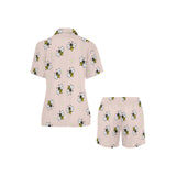 Cute bee flower pattern pink background Women's V-Neck Short Pajama Set