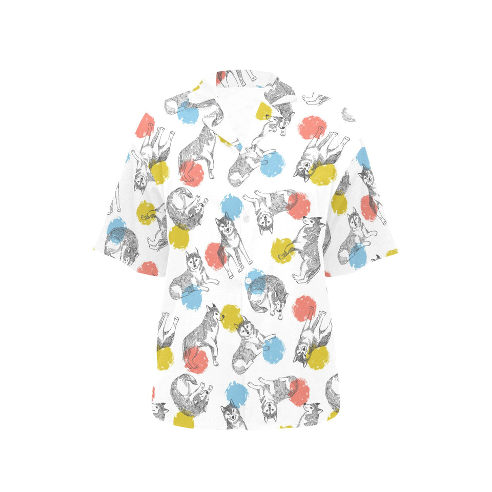 Siberian husky and colorful circle pattern Women's All Over Print Hawaiian Shirt