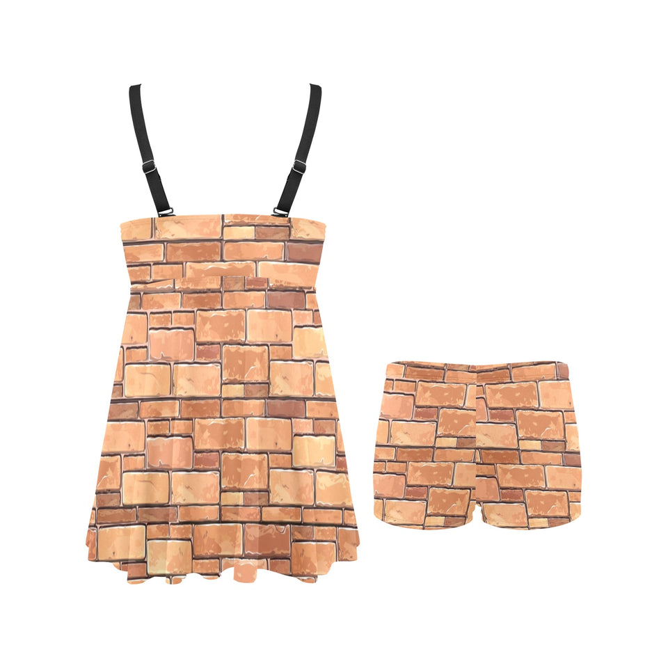 Brick Printed Pattern Print Design 04 Chest Sexy Pleated Two Piece Swim Dress