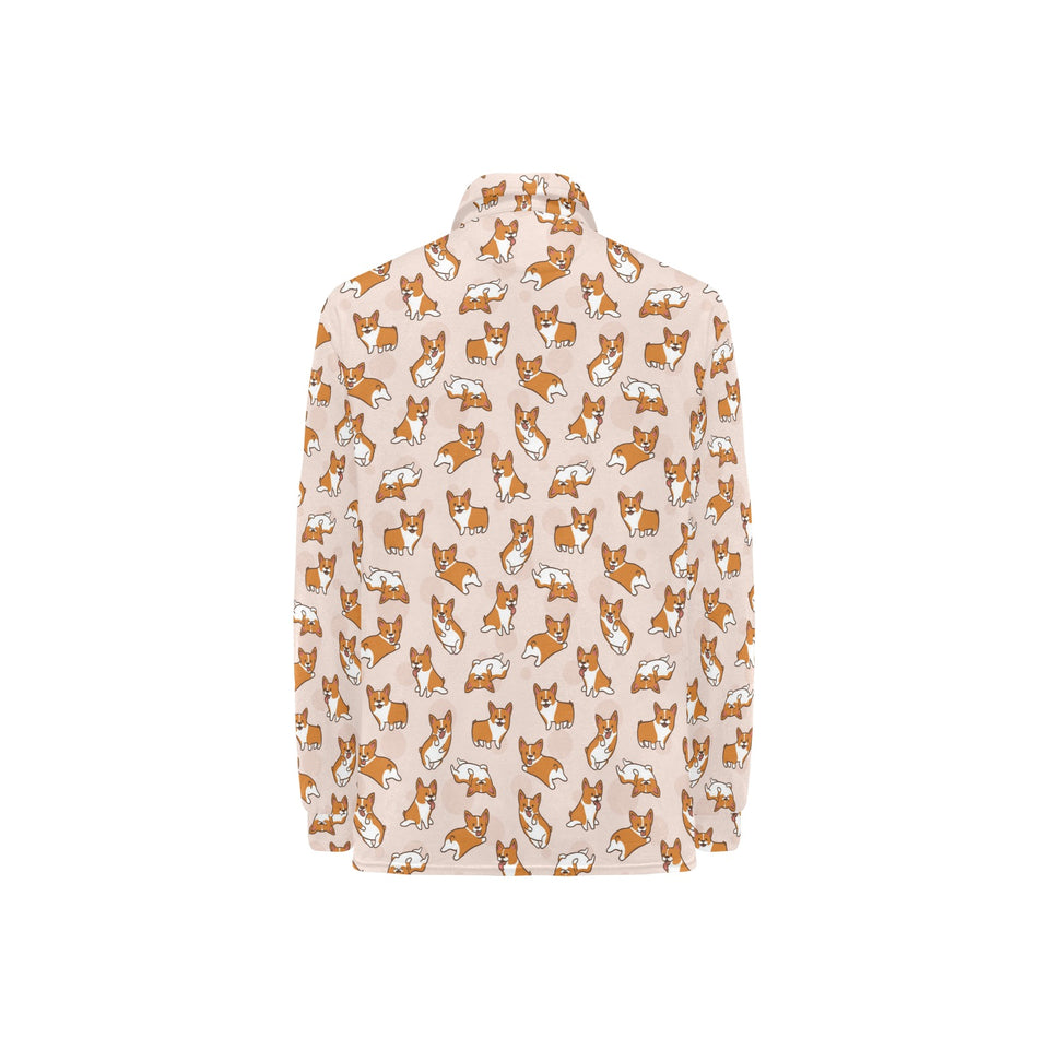 Cute Corgis Pattern pink background Women's Long Sleeve Polo Shirt