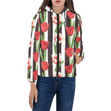 red and white tulips pattern Women's Padded Hooded Jacket