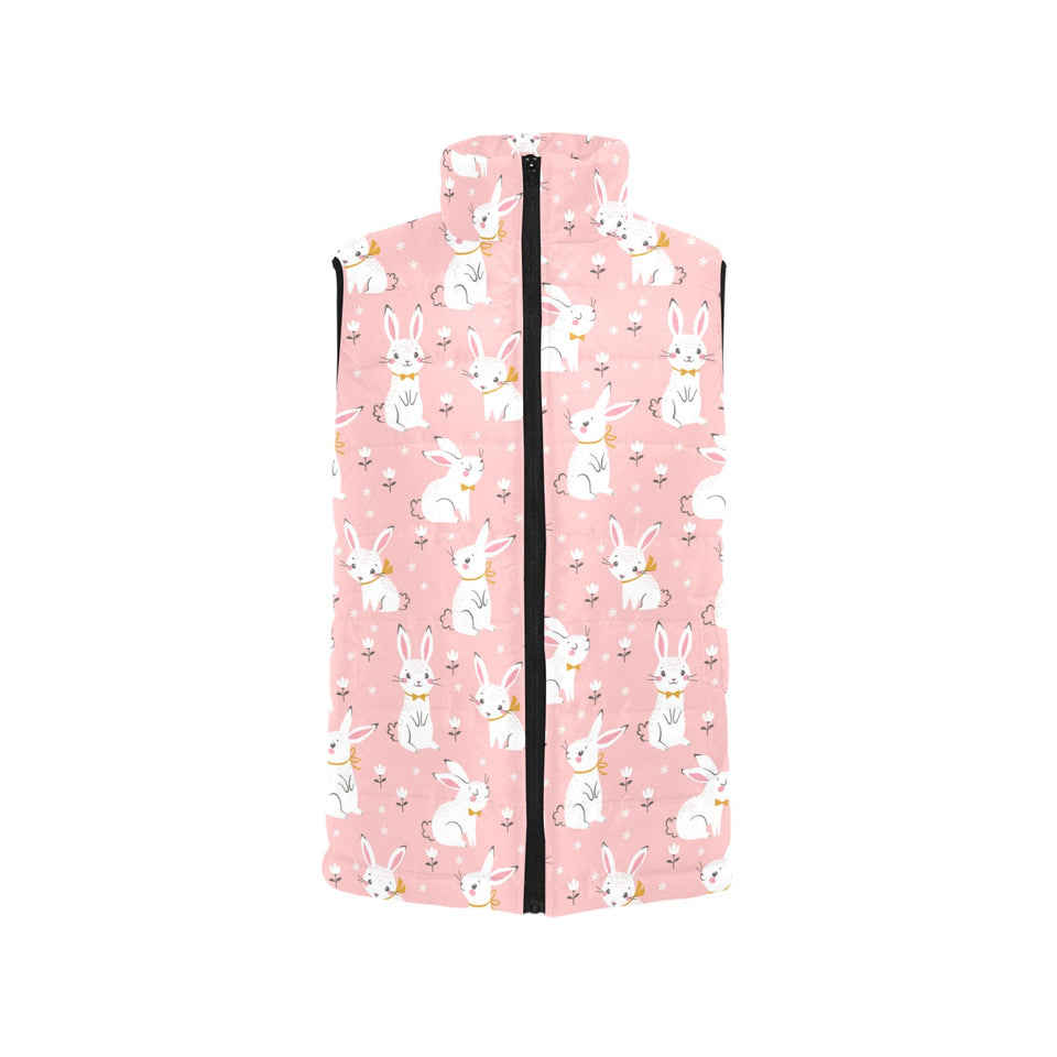 Cute white rabbit flower pink background Women's Padded Vest
