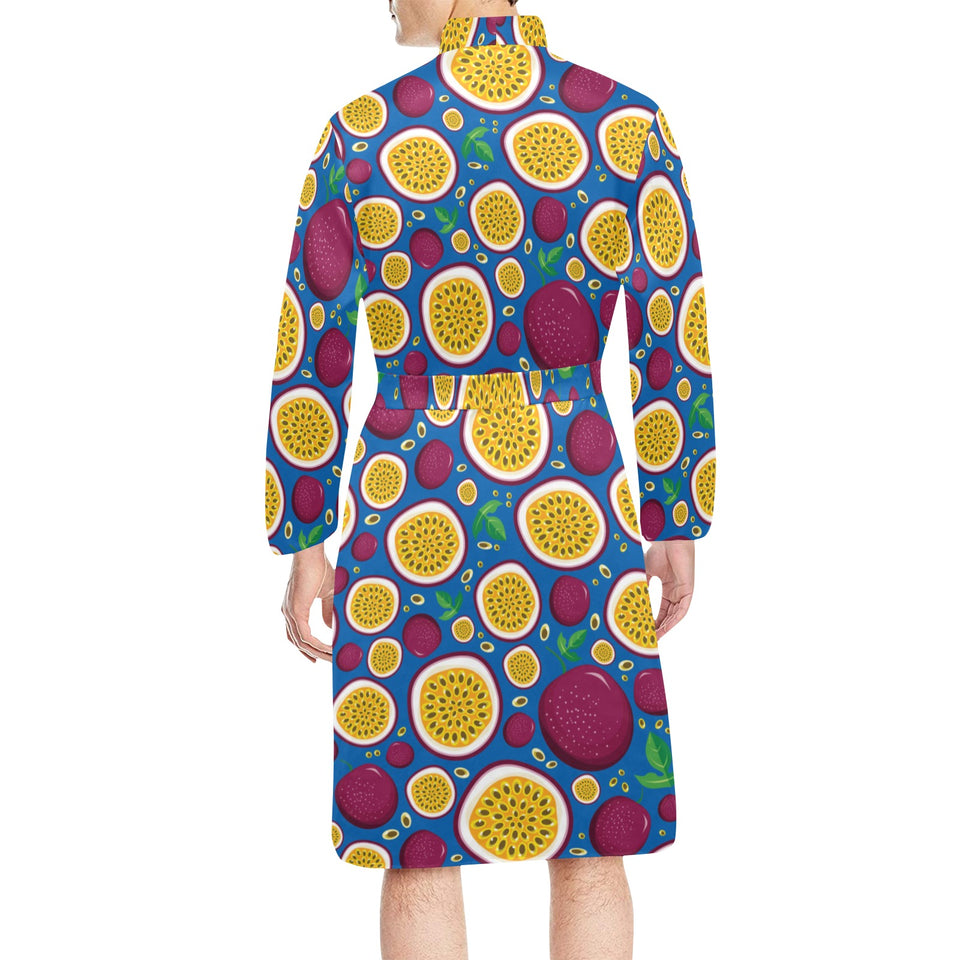 Passion fruit blue background Men's Long Sleeve Belted Night Robe