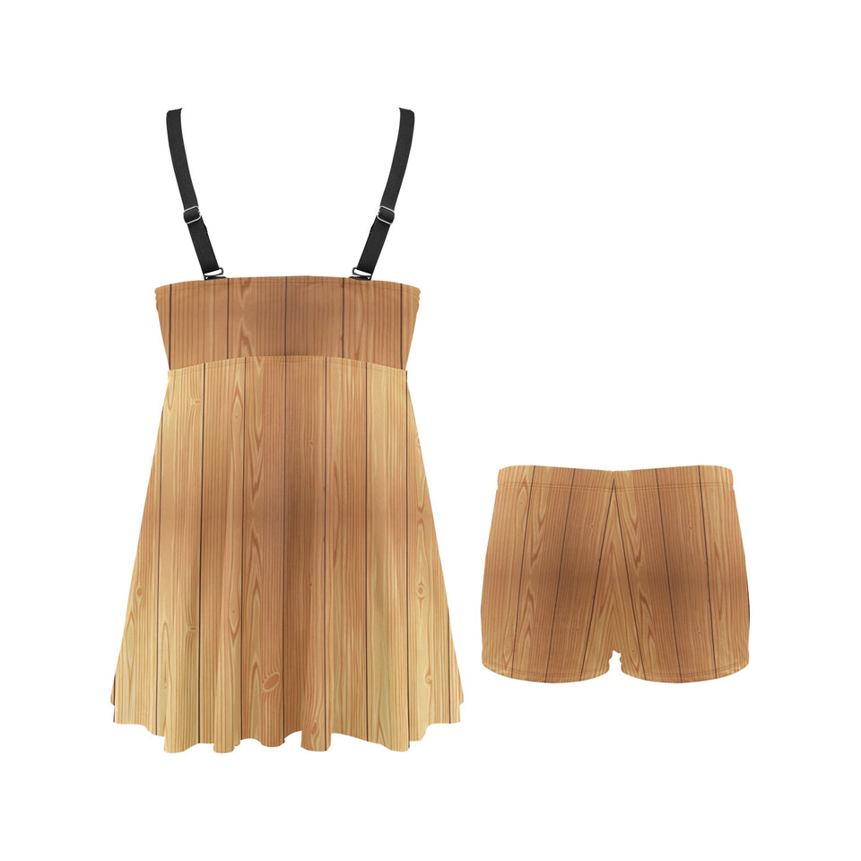 Wood Printed Pattern Print Design 05 Chest Sexy Pleated Two Piece Swim Dress