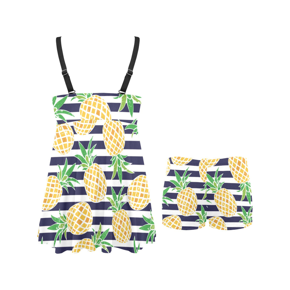Pineapples pattern striped background Chest Sexy Pleated Two Piece Swim Dress