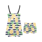 Pineapples pattern striped background Chest Sexy Pleated Two Piece Swim Dress