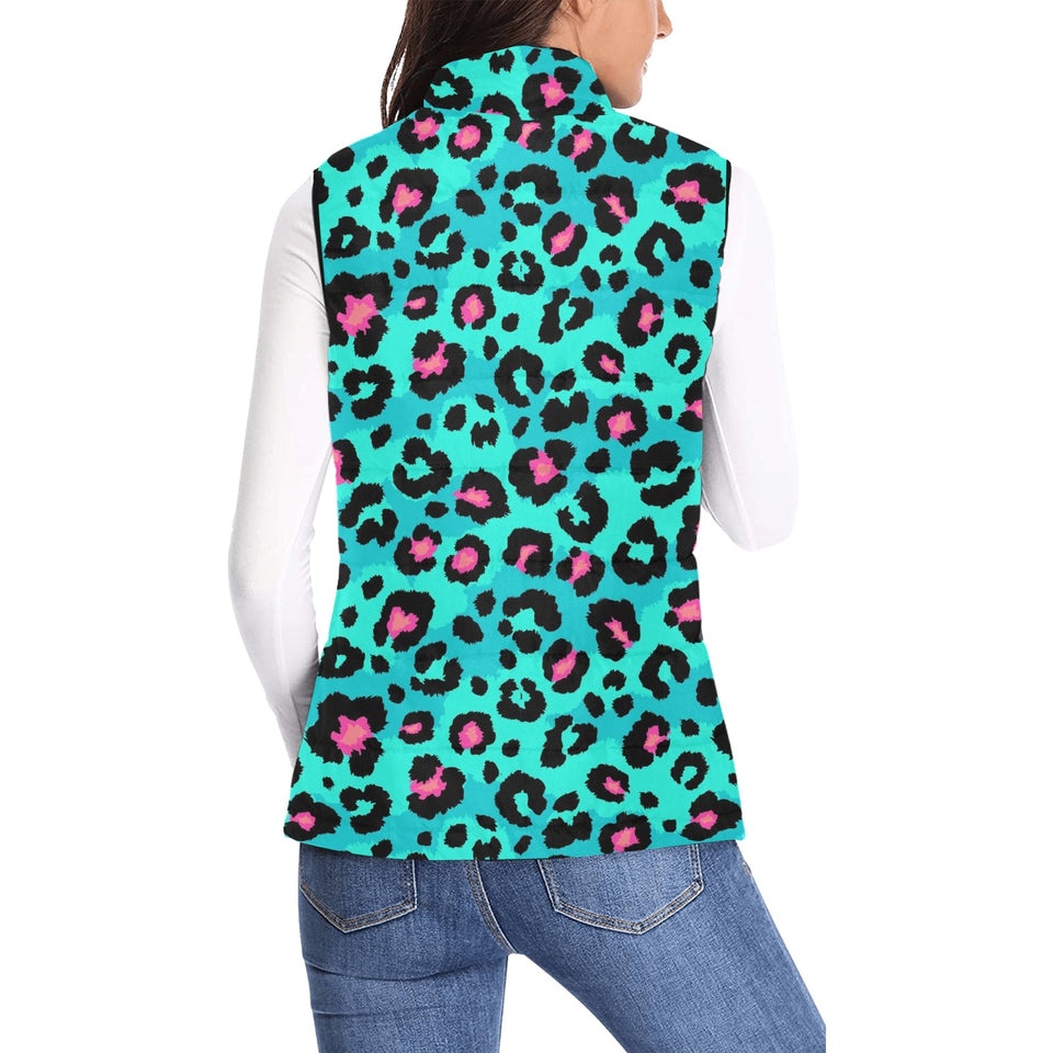 Green leopard skin print pattern Women's Padded Vest
