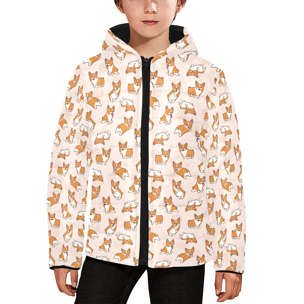 Cute Corgis Pattern pink background Kids' Boys' Girls' Padded Hooded Jacket