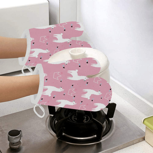 Llama Alpaca pink background Heat Resistant Oven Mitts