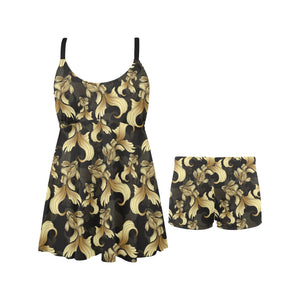 Goldfish Pattern Print Design 01 Chest Sexy Pleated Two Piece Swim Dress