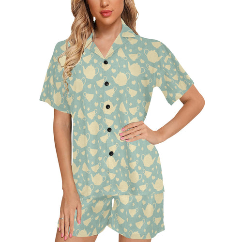 Tea pots Pattern Print Design 02 Women's V-Neck Short Pajama Set