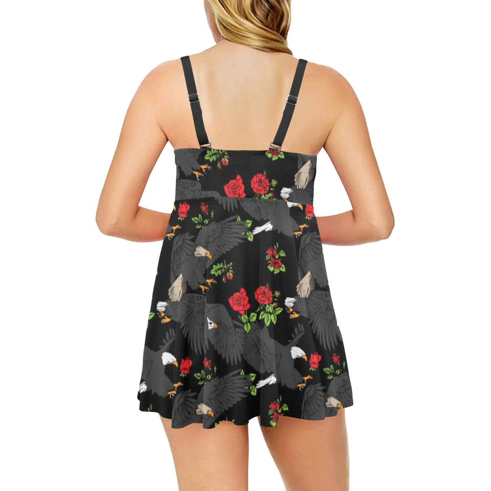 Eagle Pattern Print Design 04 Chest Sexy Pleated Two Piece Swim Dress