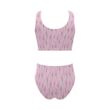 Lavender pattern pink background Chest Bowknot High Waisted Bikini Swimsuit