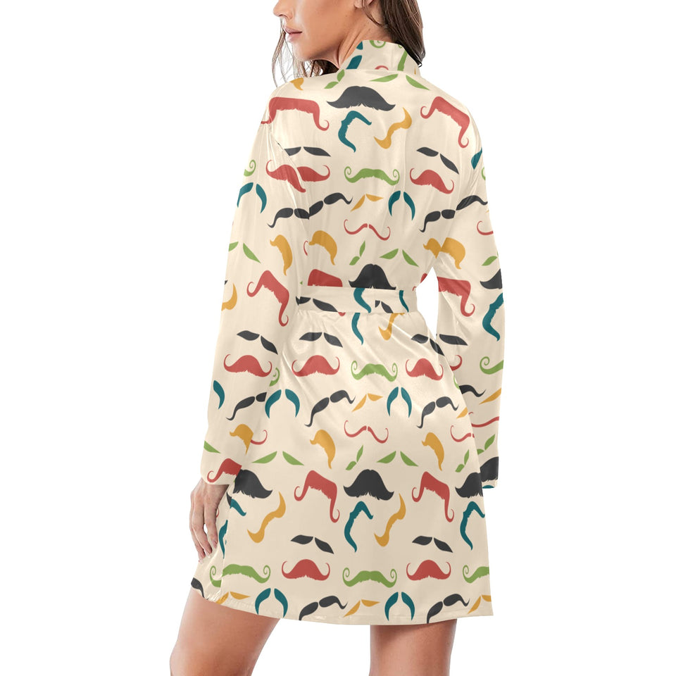 Mustache Beard Pattern Print Design 03 Women's Long Sleeve Belted Night Robe