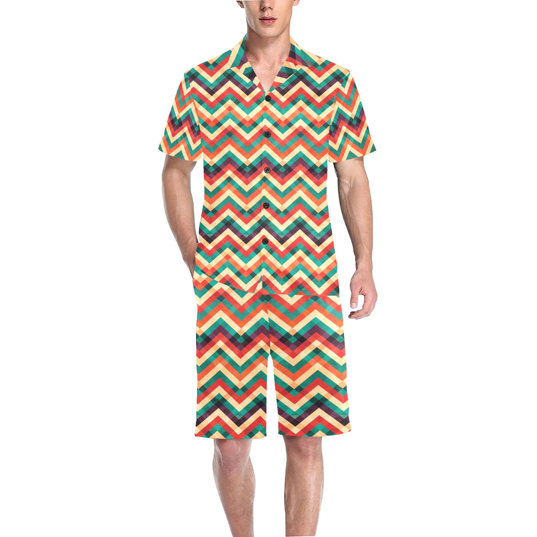 zigzag chevron colorful pattern Men's V-Neck Short Pajama Set