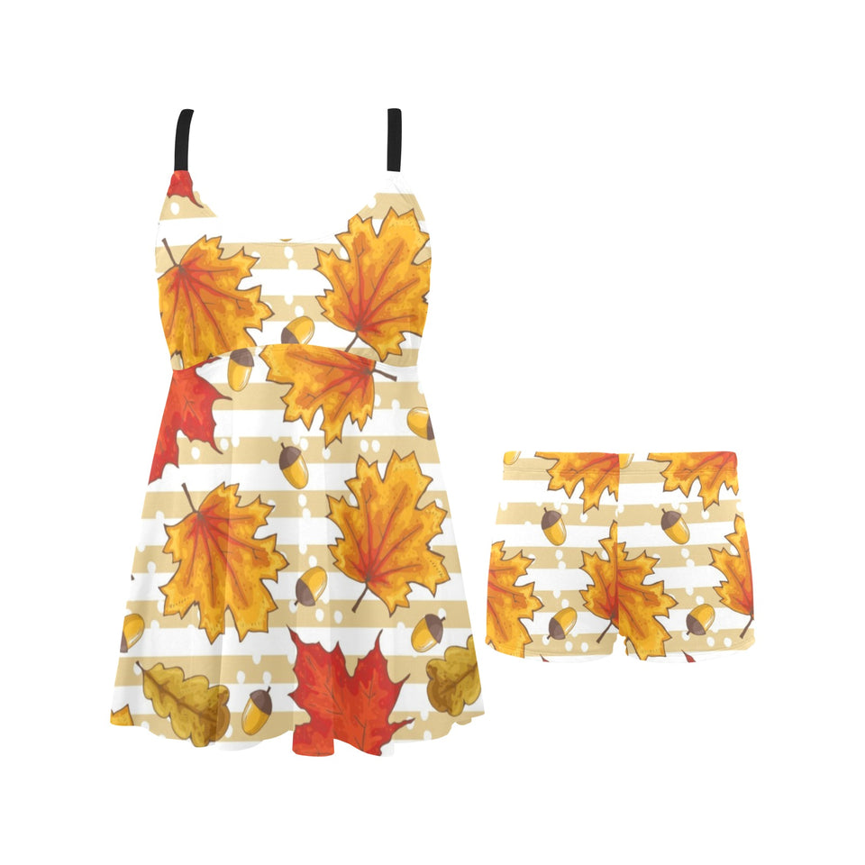 Maple leaf oak leaf acorns beige striped backgroun Chest Sexy Pleated Two Piece Swim Dress