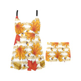 Maple leaf oak leaf acorns beige striped backgroun Chest Sexy Pleated Two Piece Swim Dress