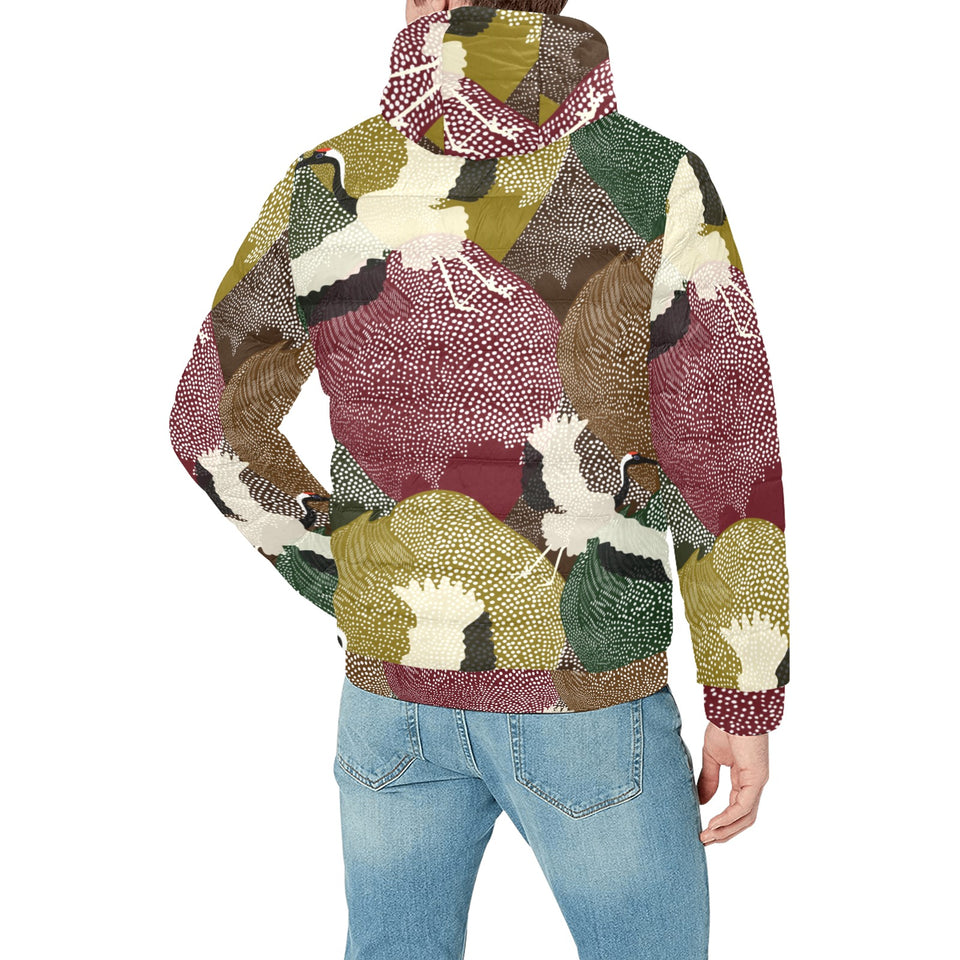 Japanese cranes flying forest dot pattern Men's Padded Hooded Jacket