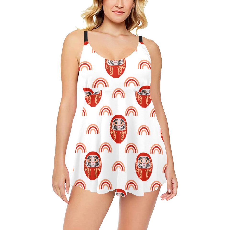 Daruma japanese wooden doll design pattern Chest Sexy Pleated Two Piece Swim Dress