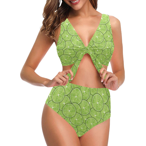 Slices of Lime pattern Chest Bowknot High Waisted Bikini Swimsuit