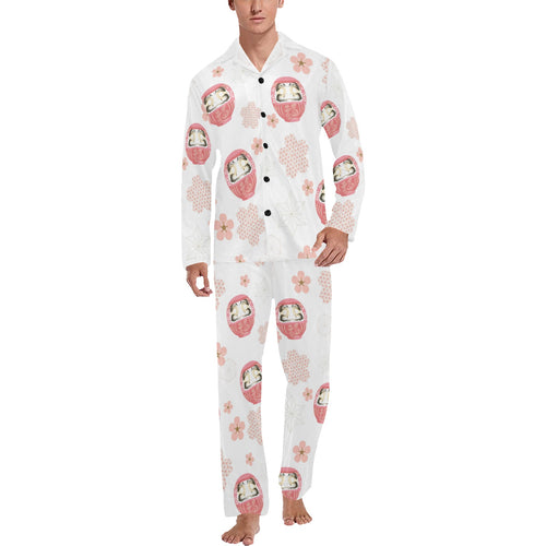 Daruma japanese wooden doll cherry blossom flower Men's Long Pajama Set