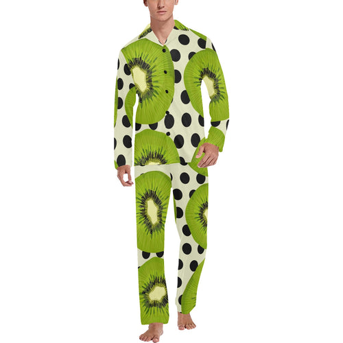kiwi black dot background Men's Long Pajama Set