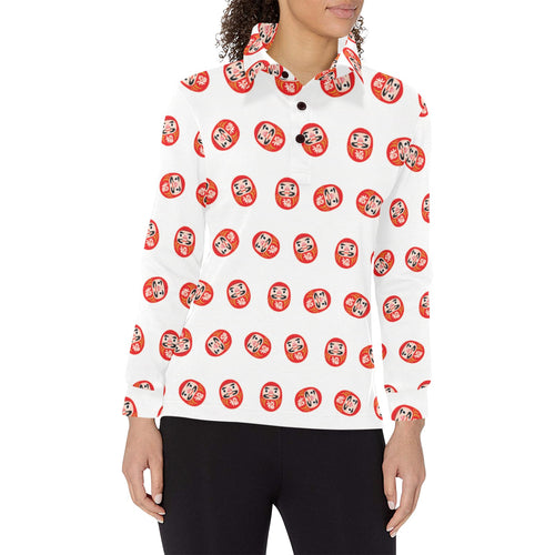 Daruma japanese wooden doll pattern Women's Long Sleeve Polo Shirt