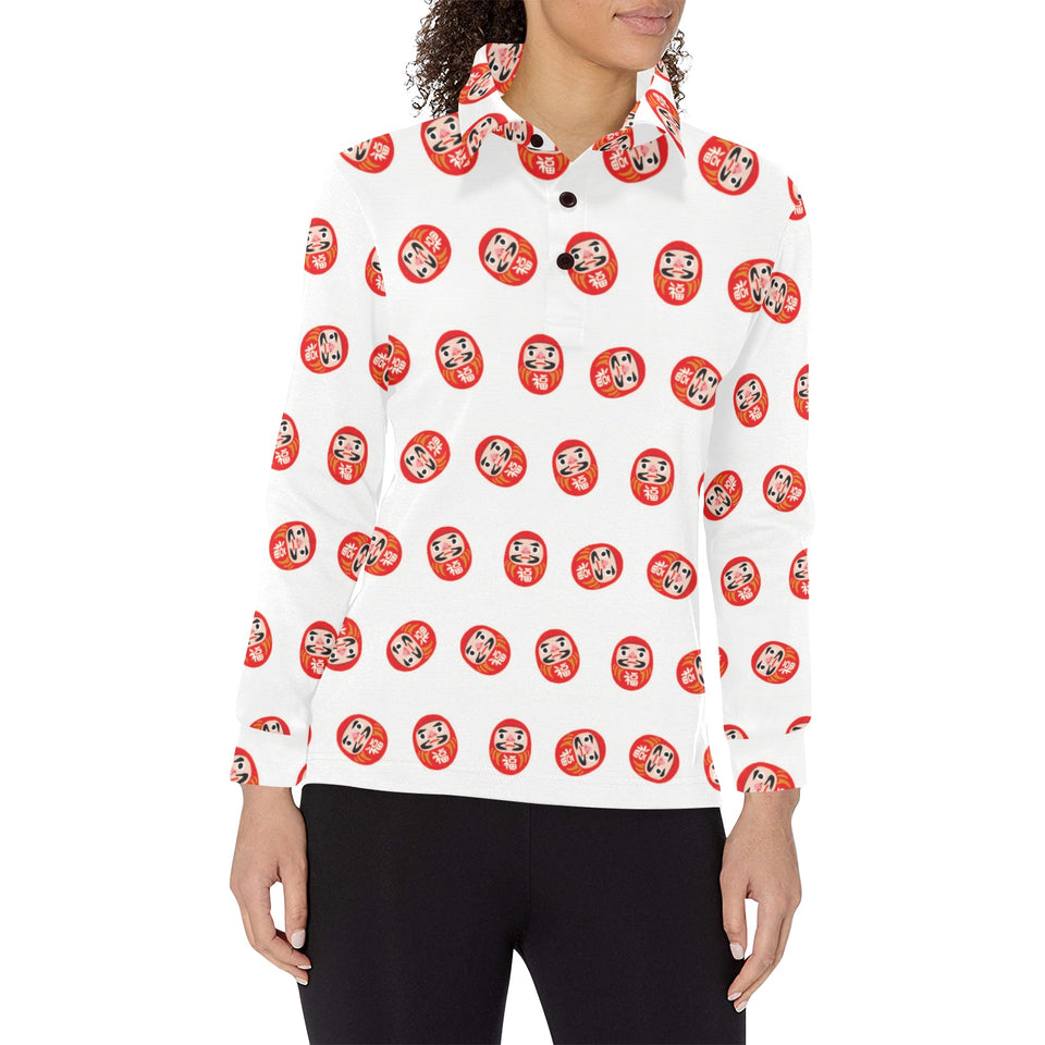 Daruma japanese wooden doll pattern Women's Long Sleeve Polo Shirt