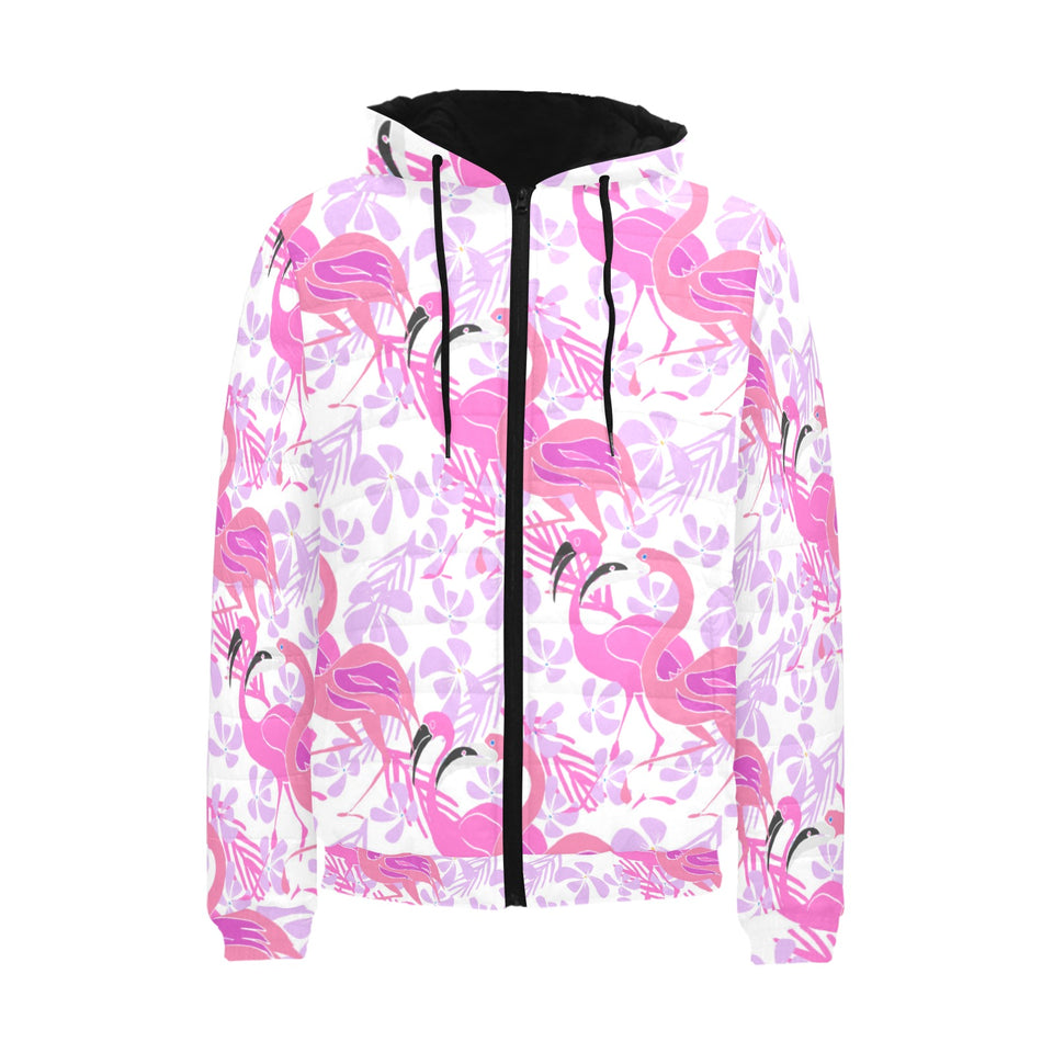 Pink flamingo flower pattern Men's Padded Hooded Jacket