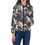 Japanese crane pink sakura pattern Women's Padded Hooded Jacket