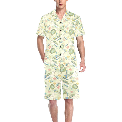 Hand drawn sea turtle fish pattern Men's V-Neck Short Pajama Set